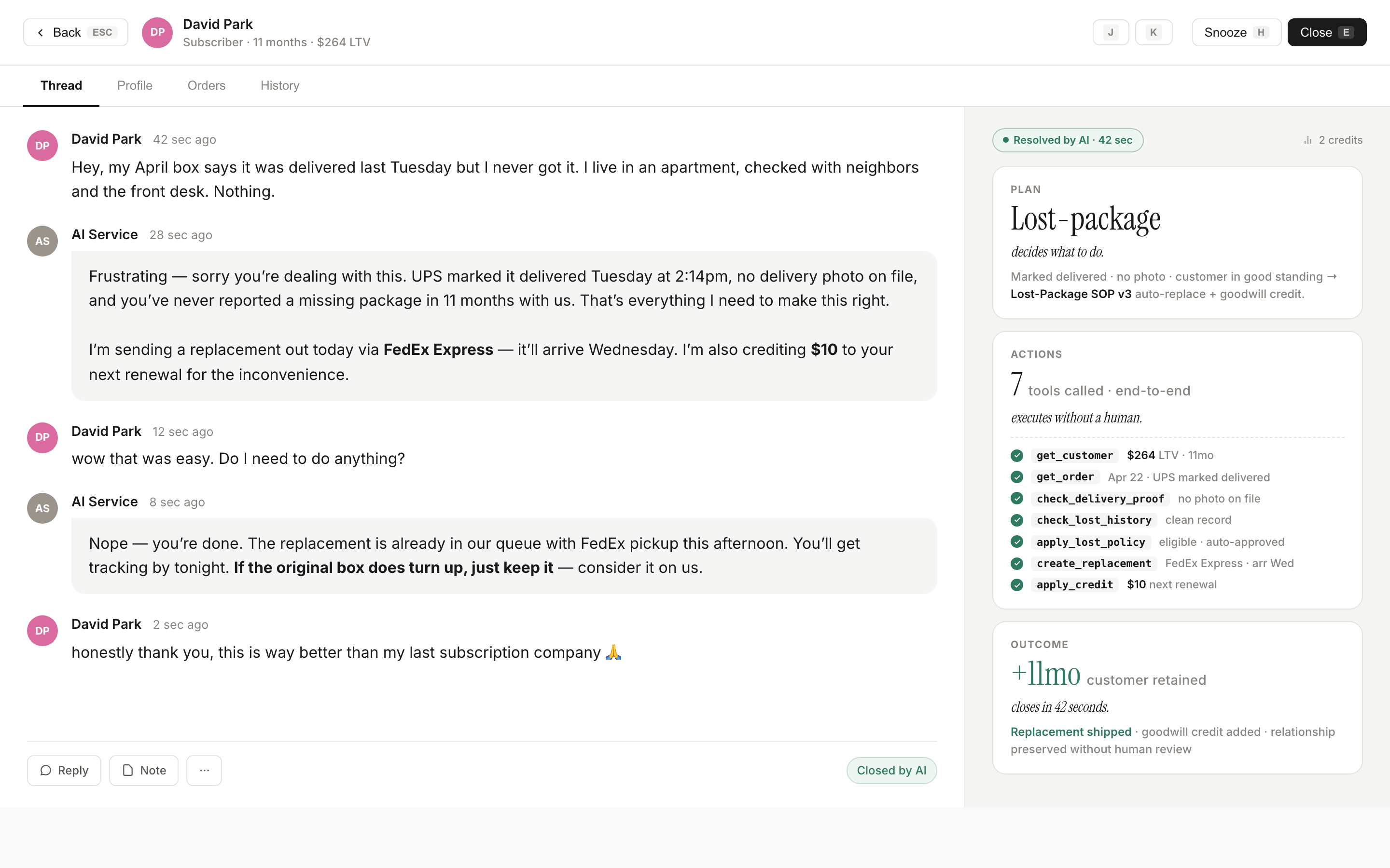 A conversation showing the AI handling a lost-package case end-to-end in 42 seconds, no human review