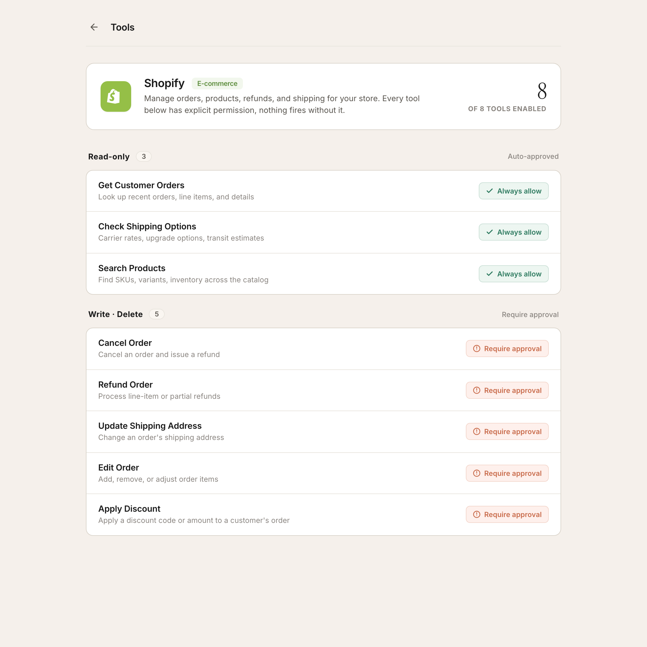 Tool permissions, every tool the AI can touch, with explicit allow or require-approval per action